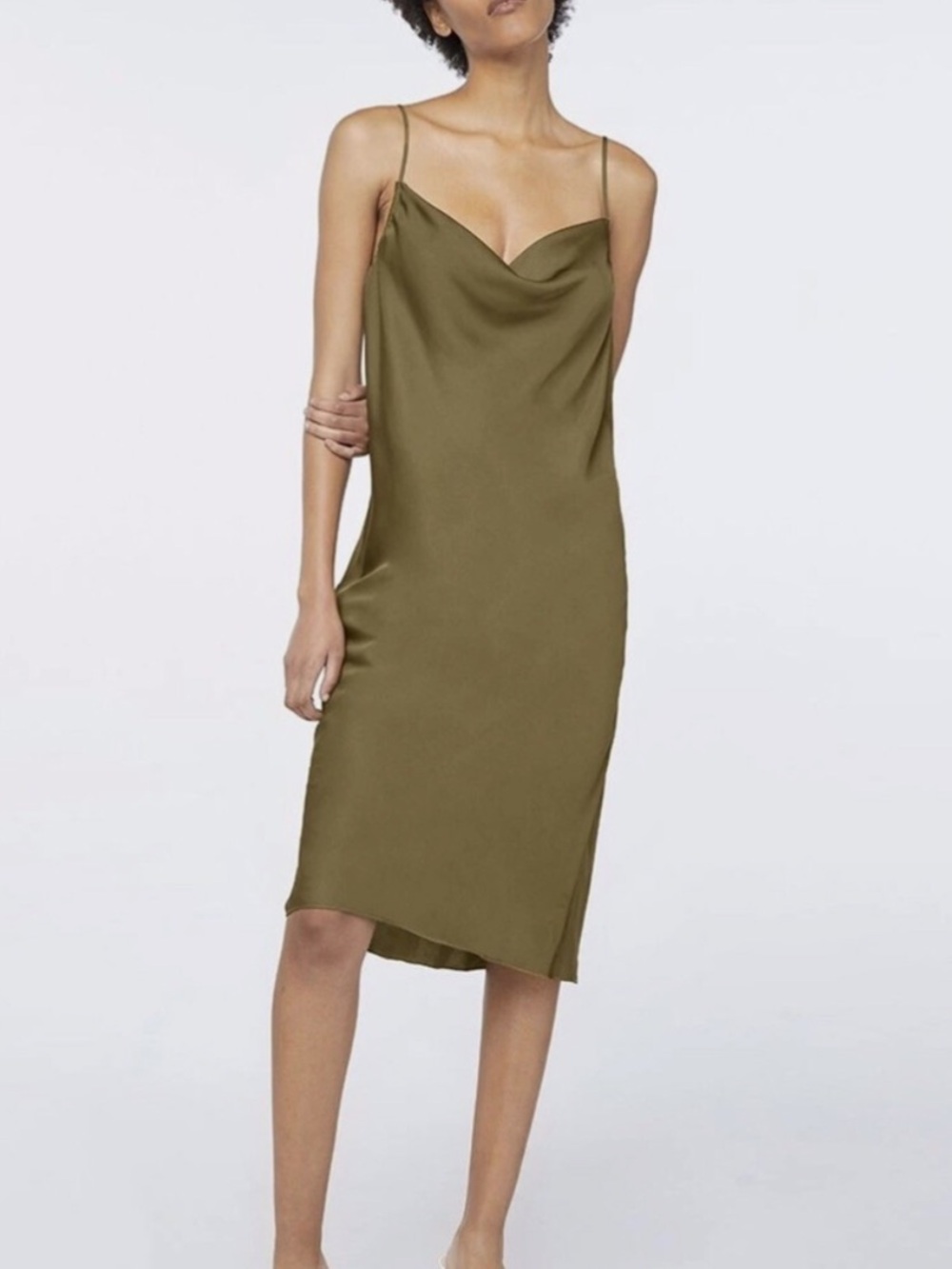 Frame Denim Olive Satin Cowl Midi Slip Dress